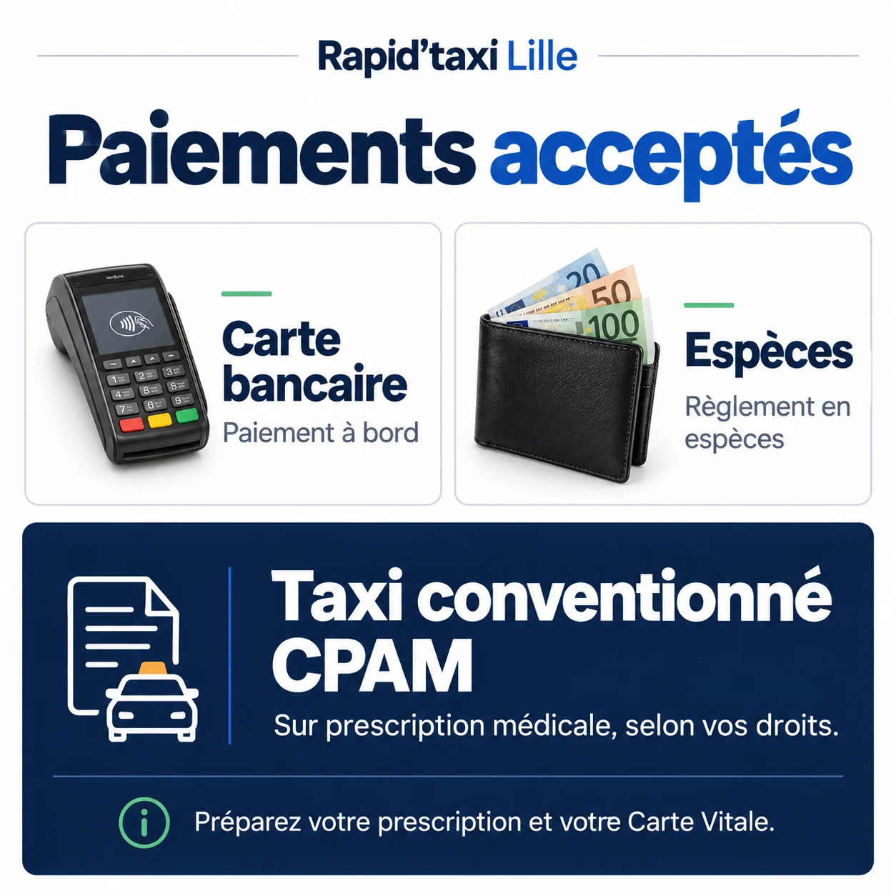 Carte bancaire et espèces acceptées ; taxi conventionné CPAM sur prescription médicale et selon vos droits.